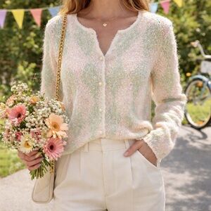 South Wool Hand Knit Vintage Mohair Pastel Cardigan Size L